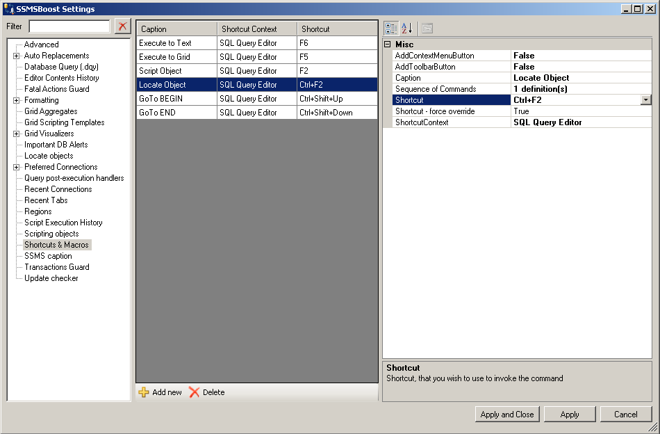 Shortcuts editor in SSMS with SSMSBoost add-in