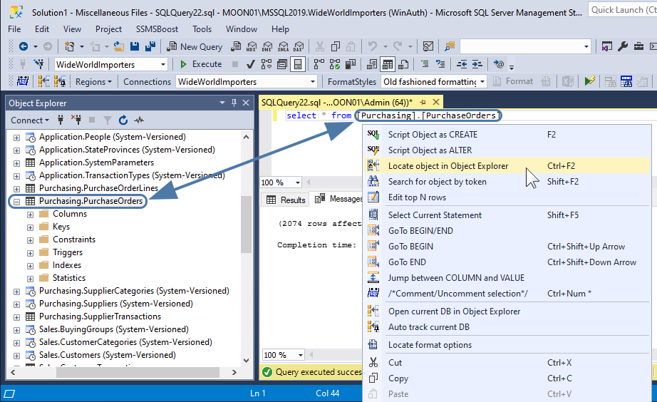 Locate objects in SSMS object explorer with SSMSBoost add-in