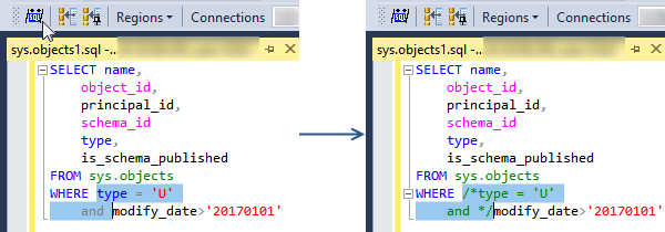 Comment selection in SSMS with SSMSBoost add-in