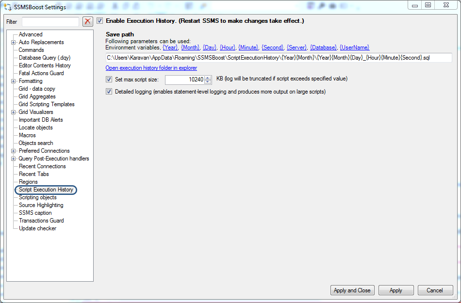 Executed SQL statements logging: SSMSBoost Add-in for SQL Server Management  Studio